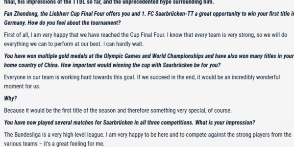 樊振东谈德甲联赛：水平非常高，能感受到人们对于选手的尊重